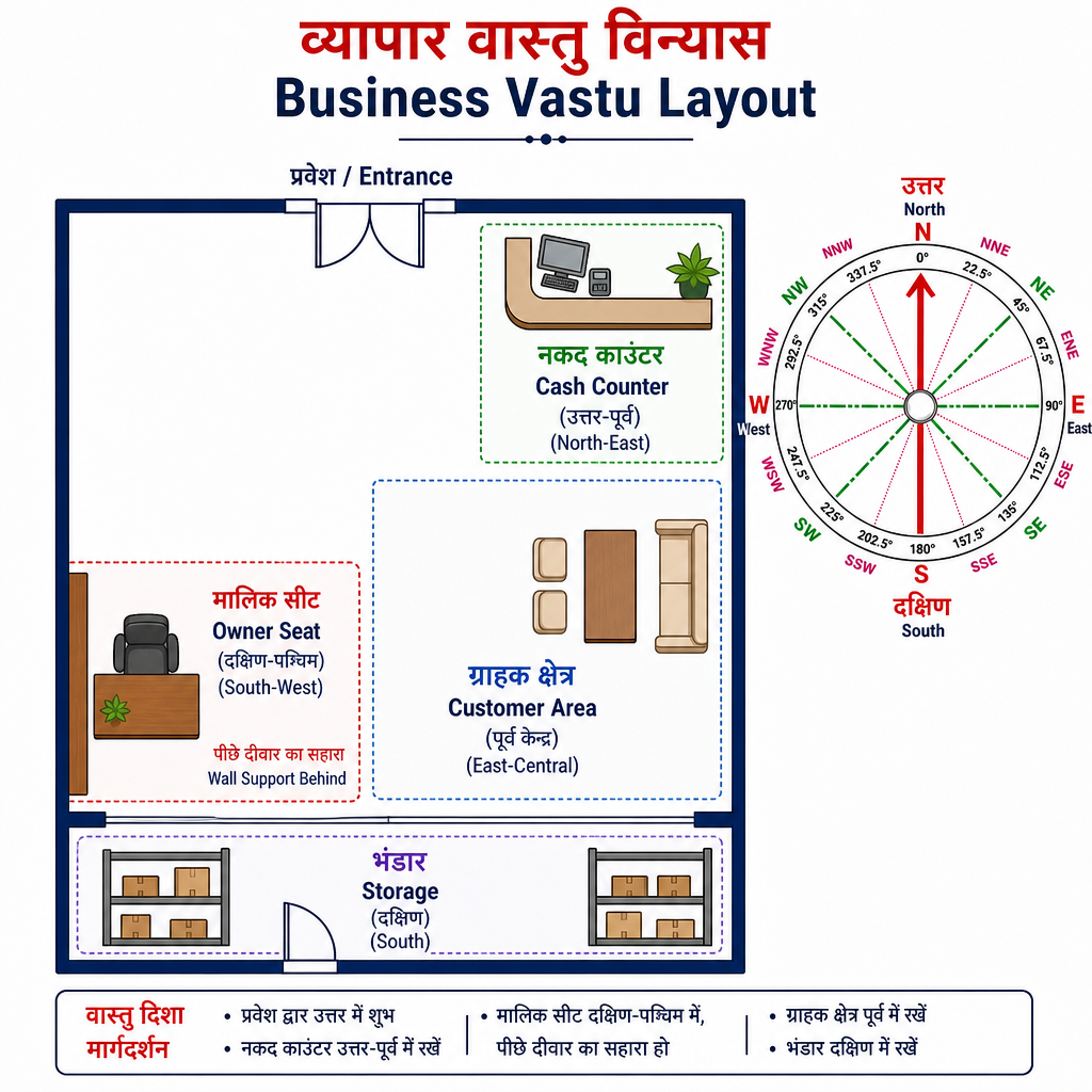 Business Vastu layout showing entrance, owner seat and cash counter
