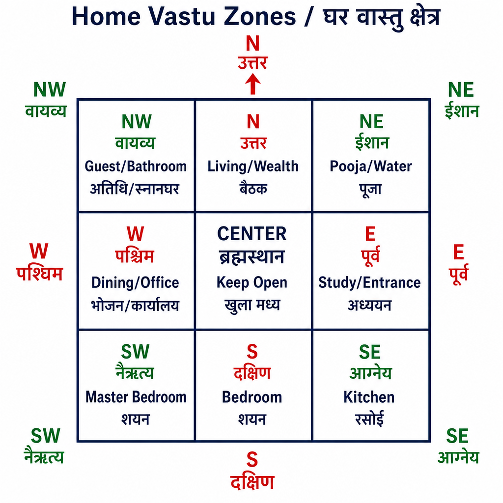 घर वास्तु ग्रिड — कमरों की दिशा और ब्रह्मस्थान